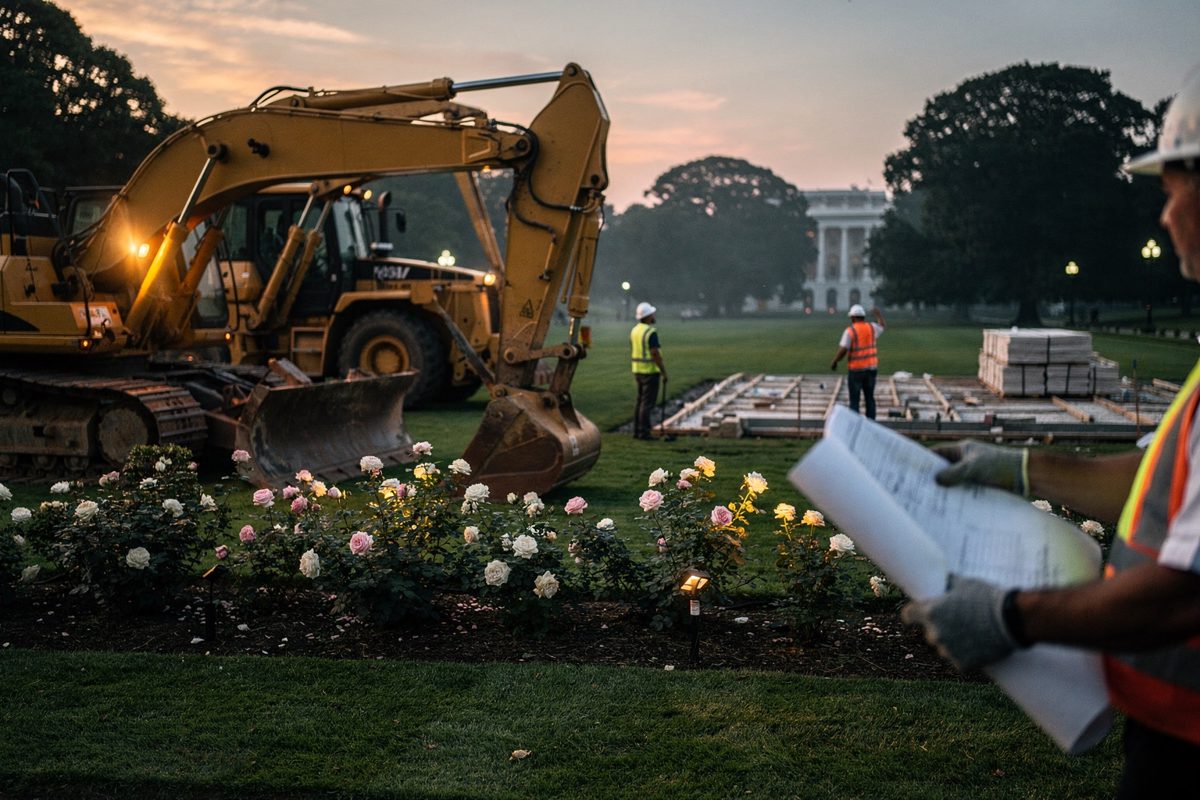 Heavy yellow earthmoving equipment parked aggressively inches away from a row of manicured, blooming rose bushes in the fading twilight of a humid summer.