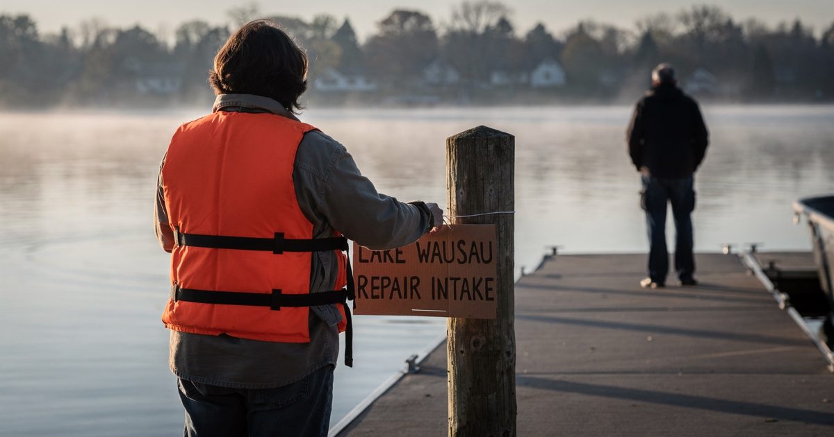 At first light on a Wisconsin municipal boat launch, a person seen from behind in an orange life vest ties a cardboard sign reading "LAKE WAUSAU REPAIR INTAKE".
