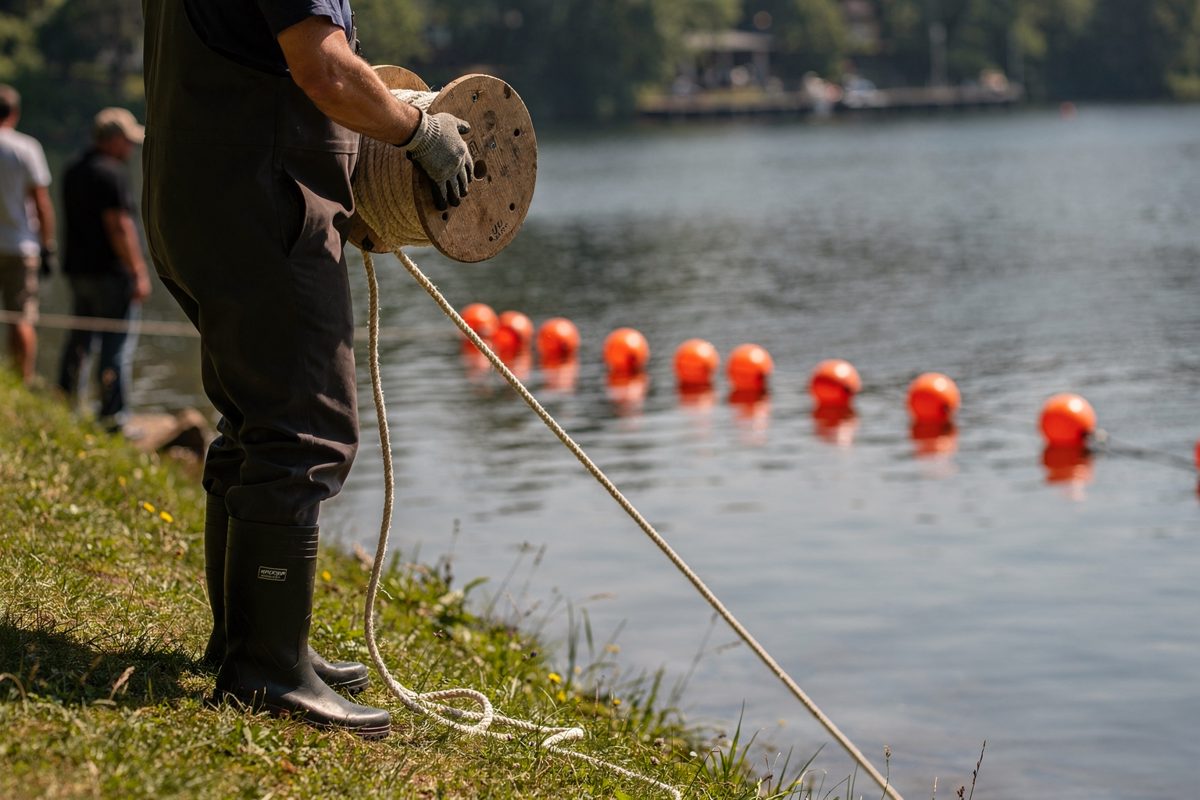 Under hard midday sun on a grassy bank above a calm inland lake, a volunteer in waders cropped at the neck pays out rope from a wooden spool toward six orange.
