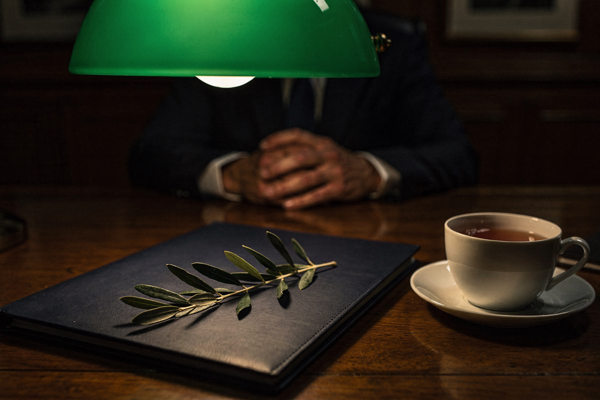 Close detail under a green-shaded desk lamp late at night in a wood-panelled diplomatic office, a sprig of olive resting across a closed navy briefing folder.