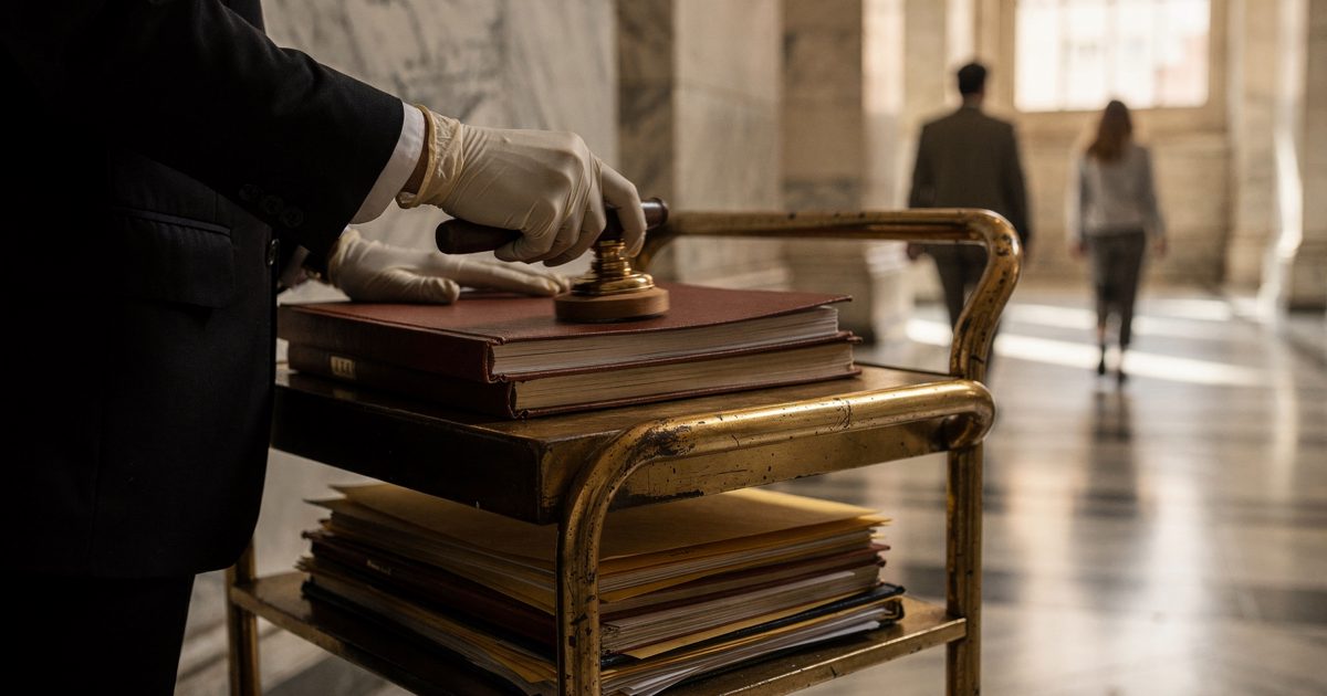 Close-up of gloved clerk's hands stamping a thick bound petition atop a stack on a brass mail cart in a marble corridor lit by warm morning sun through a tall.