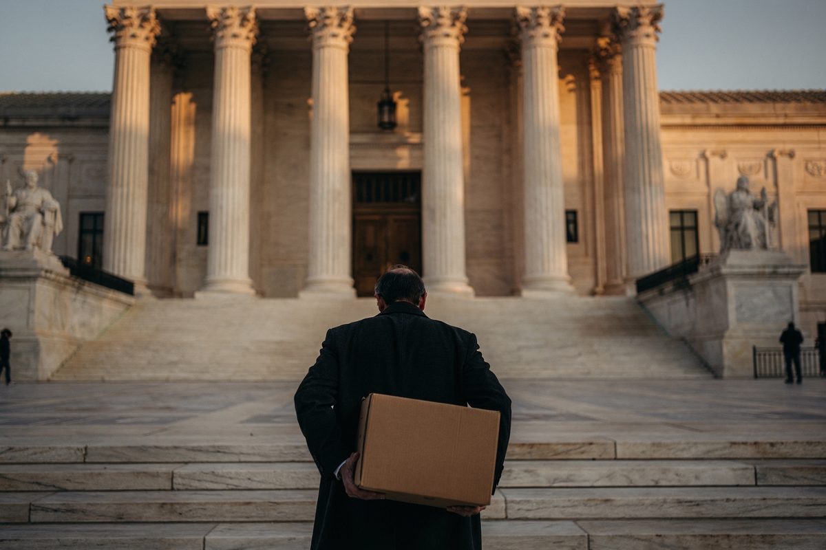 Wide shot of the supreme court plaza at golden hour, a lone figure seen from behind descending the steps carrying a cardboard document box past the fluted.