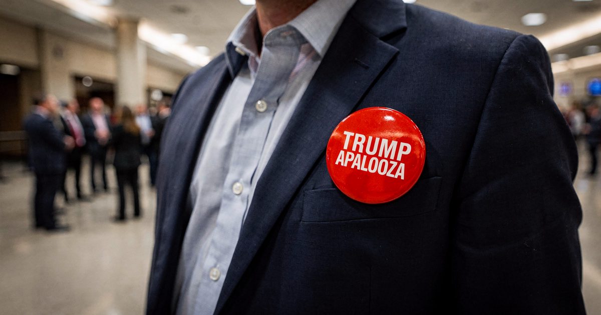 Harsh overhead lighting in a crowded Dallas convention centre concourse, a close crop on a delegate's chest wearing a navy blazer and a large red lapel pin.