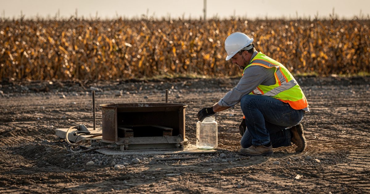 Medium-close shot in late warm sidelight on a bare Iowa grading pad, a hard-hatted worker seen from behind crouching to set a glass soil jar against the lip of.