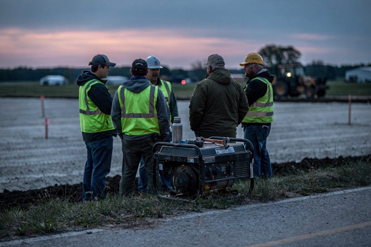 Wide shot at blue hour from a farm road shoulder, a small crew unreadable around a silent portable generator at the edge of a cleared pad, pink still in the.