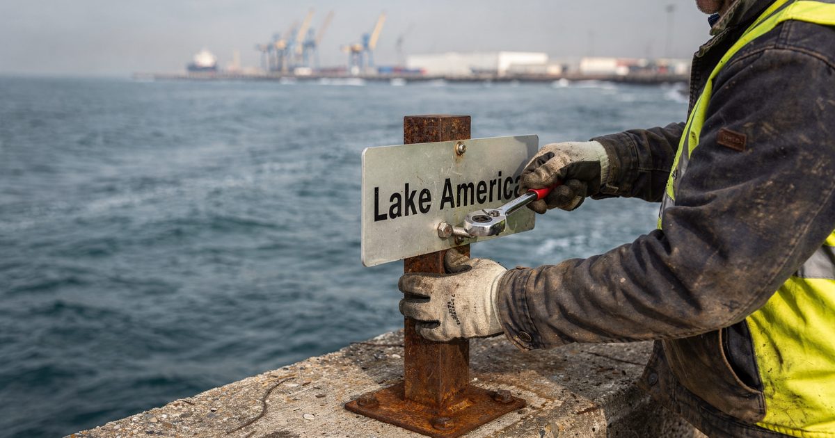 Wide hard late-morning light on a breakwater at a Great Lakes port as a worker cropped at the shoulders bolts a new shoreline marker reading "Lake America" to.