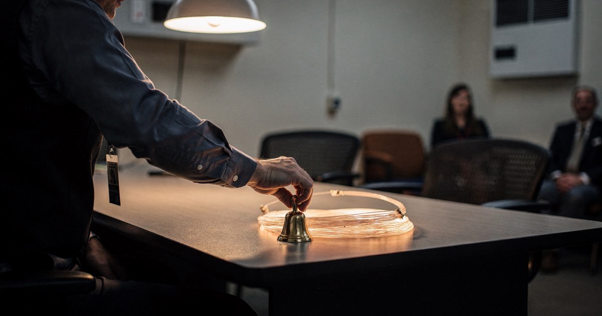 In a windowless federal annex just after dawn, warm light from a desk lamp falls on a hand setting a small brass bell beside a coiled fiber-optic cable, the.