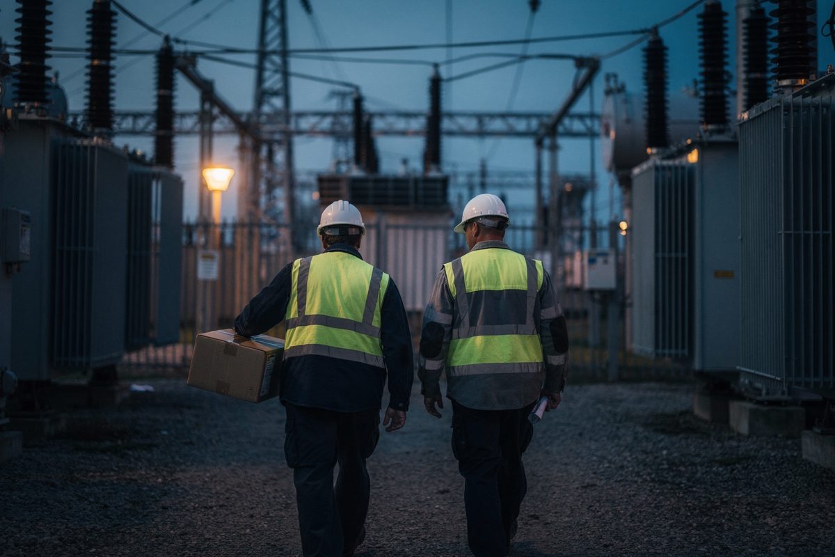 Across a power substation yard at blue hour, two workers seen from behind walk a gravel path between transformer banks, one carrying a plain cardboard box as.