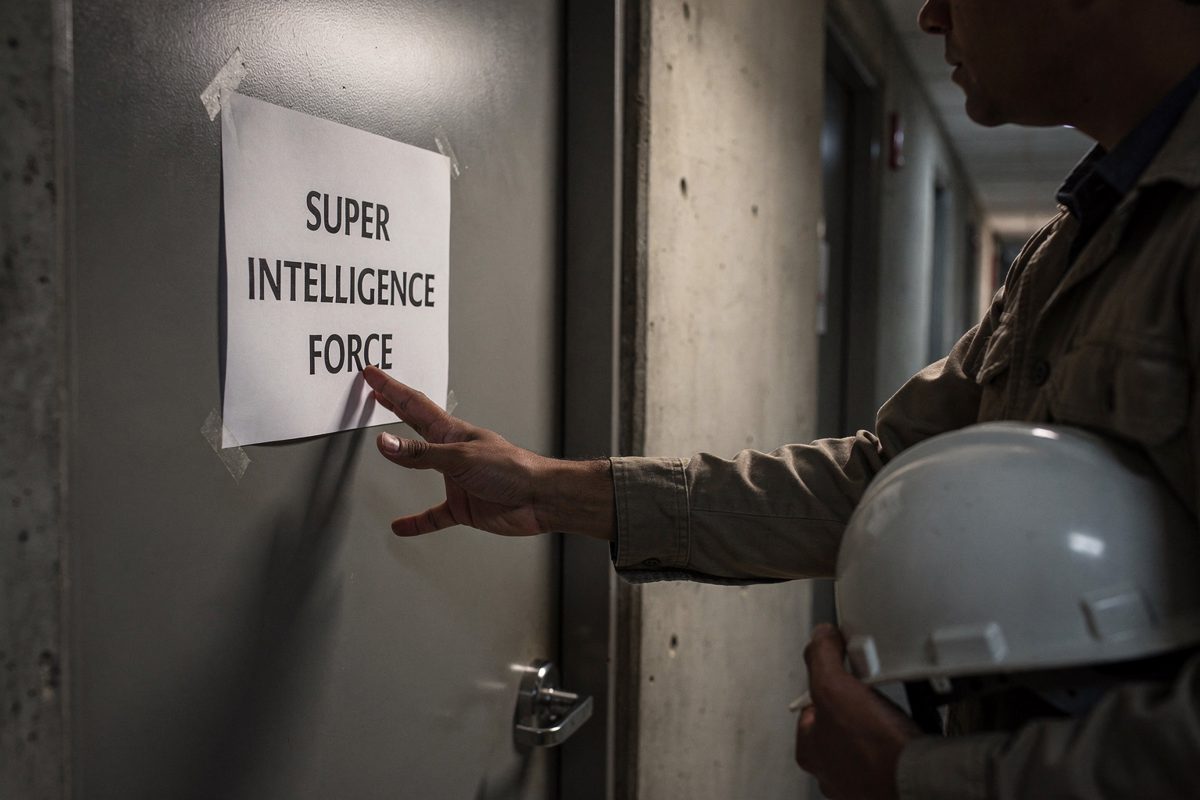 In late-afternoon side light down a concrete corridor, a person cropped at the chin reaches for a door under a paper sign reading "SUPER INTELLIGENCE FORCE", a.