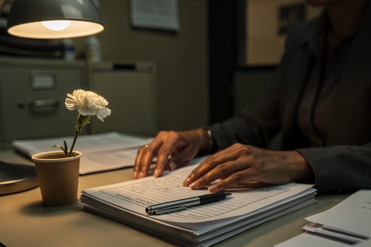 Evening lamplight in a cramped Pentagon side office, a facilitator cropped at the chin in a charcoal blazer marking a stack of identical worksheets next to a.