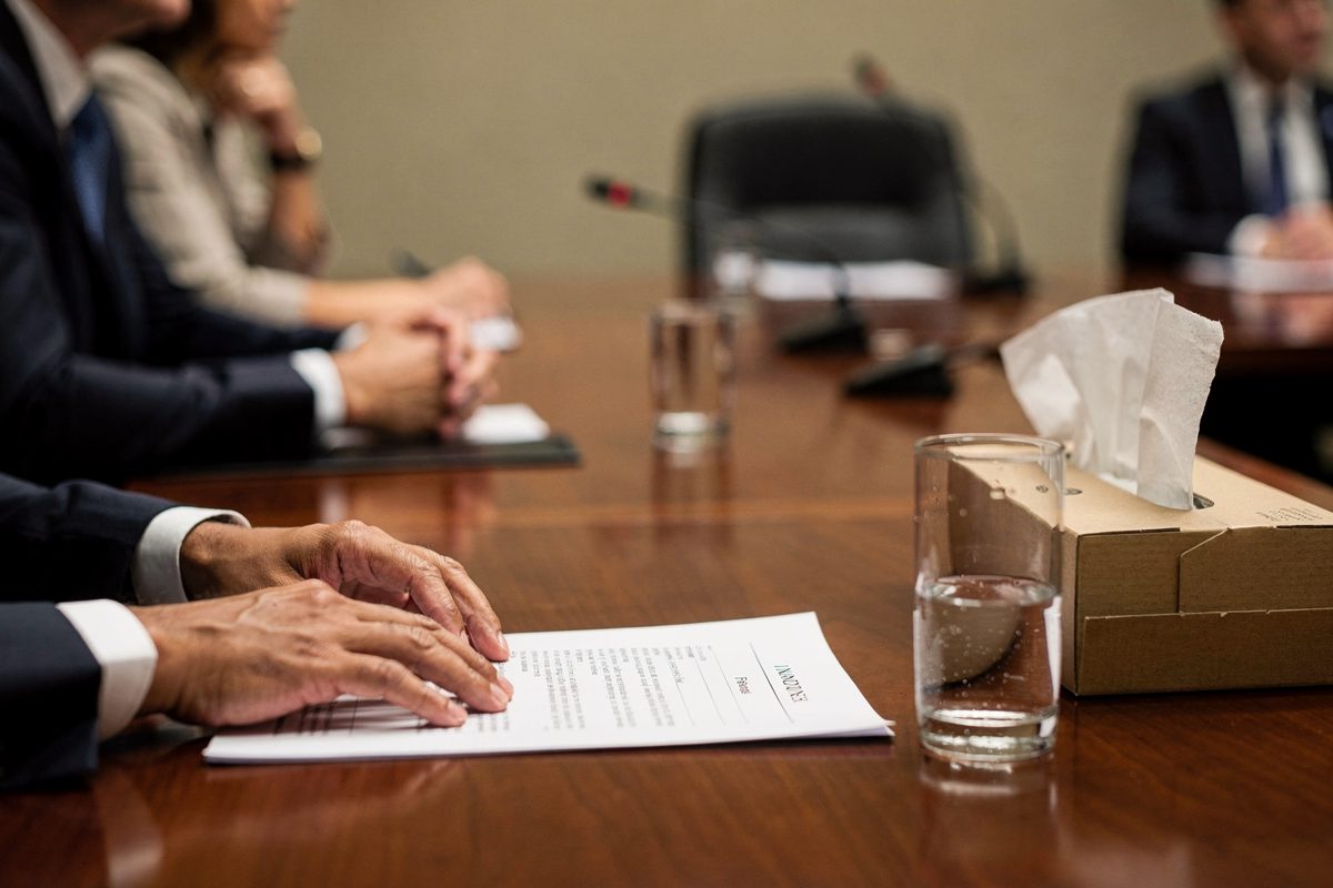 Close detail under warm desk lamps at a committee table, a delegate's hands resting on a printed single-line agenda page beside an unopened cardboard box of.