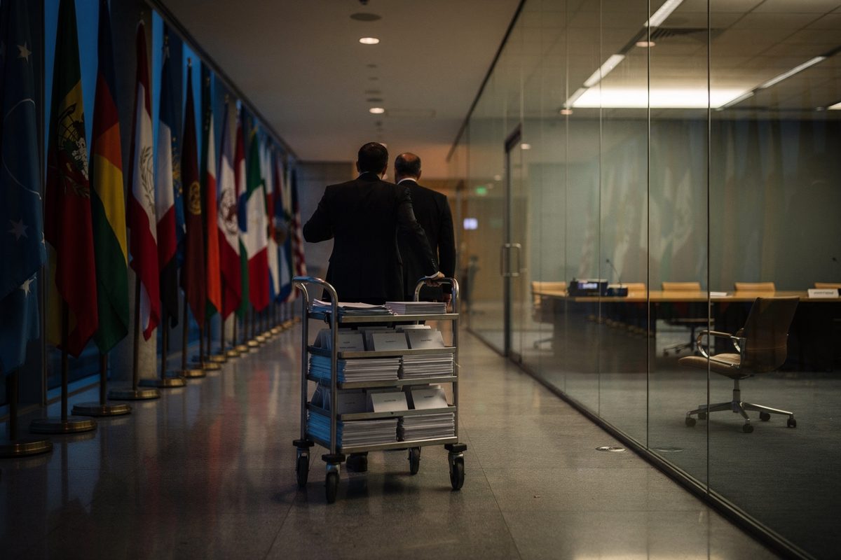 Wide shot at dusk down a long glass-walled U.N. corridor, two aides seen from behind wheeling a trolley stacked with folded name cards past a row of national.