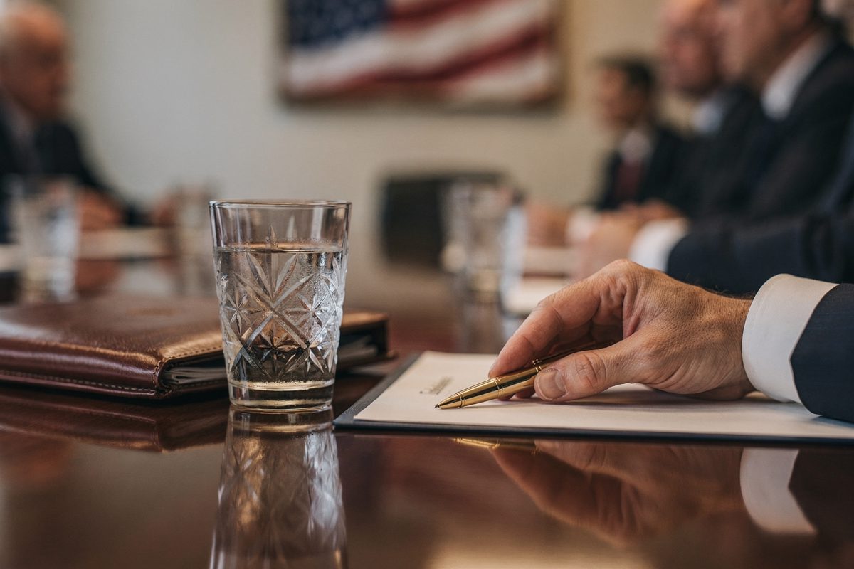 Close detail on a polished mahogany conference table in a Washington D.C. lobbying firm during a morning meeting, a leather-bound folio resting near a crystal.