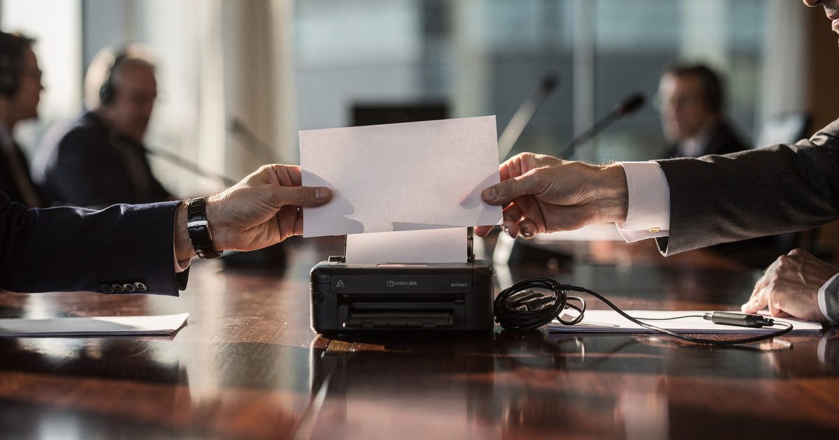Close-up of two hands from opposite sides of a polished conference table sliding a single stapled page toward each other under warm late-afternoon window.