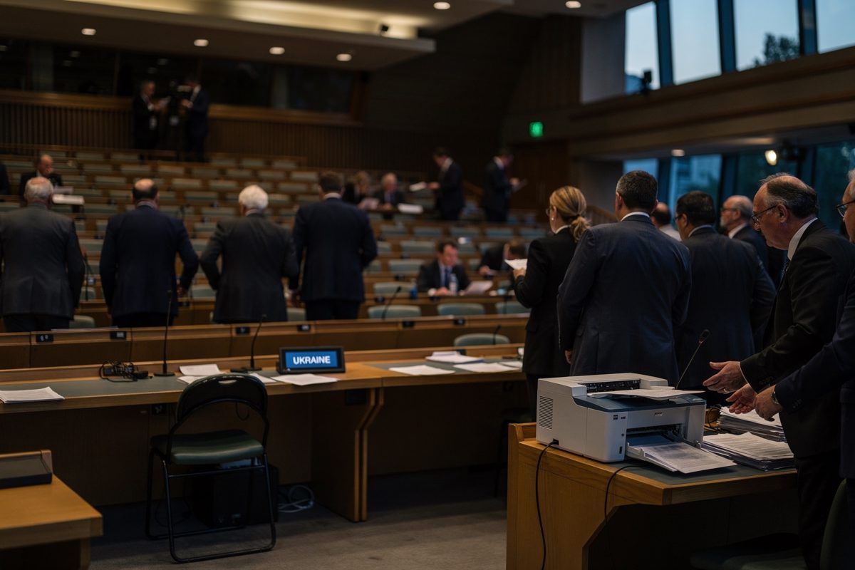 Wide shot from the rear of a half-empty United Nations-style assembly hall at dusk, delegates in dark suits filing out of the tiered seating while one.