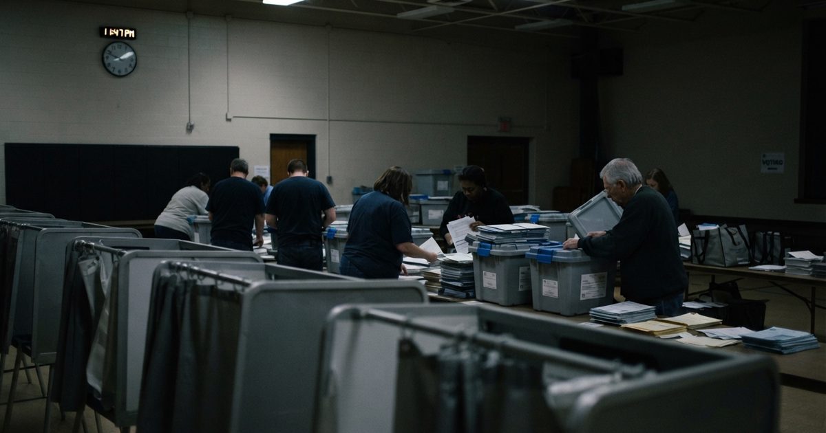 A documentary-style news photograph inside a Milwaukee polling place after voting has ended, showing anonymous election workers from behind organizing sealed.
