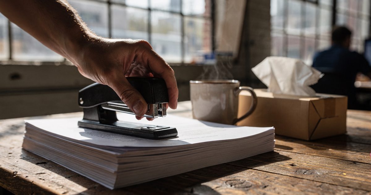 Close detail in bright mid-morning sun through a converted warehouse office window, a hand pressing down a heavy stapler onto a thick printed workbook, beside.