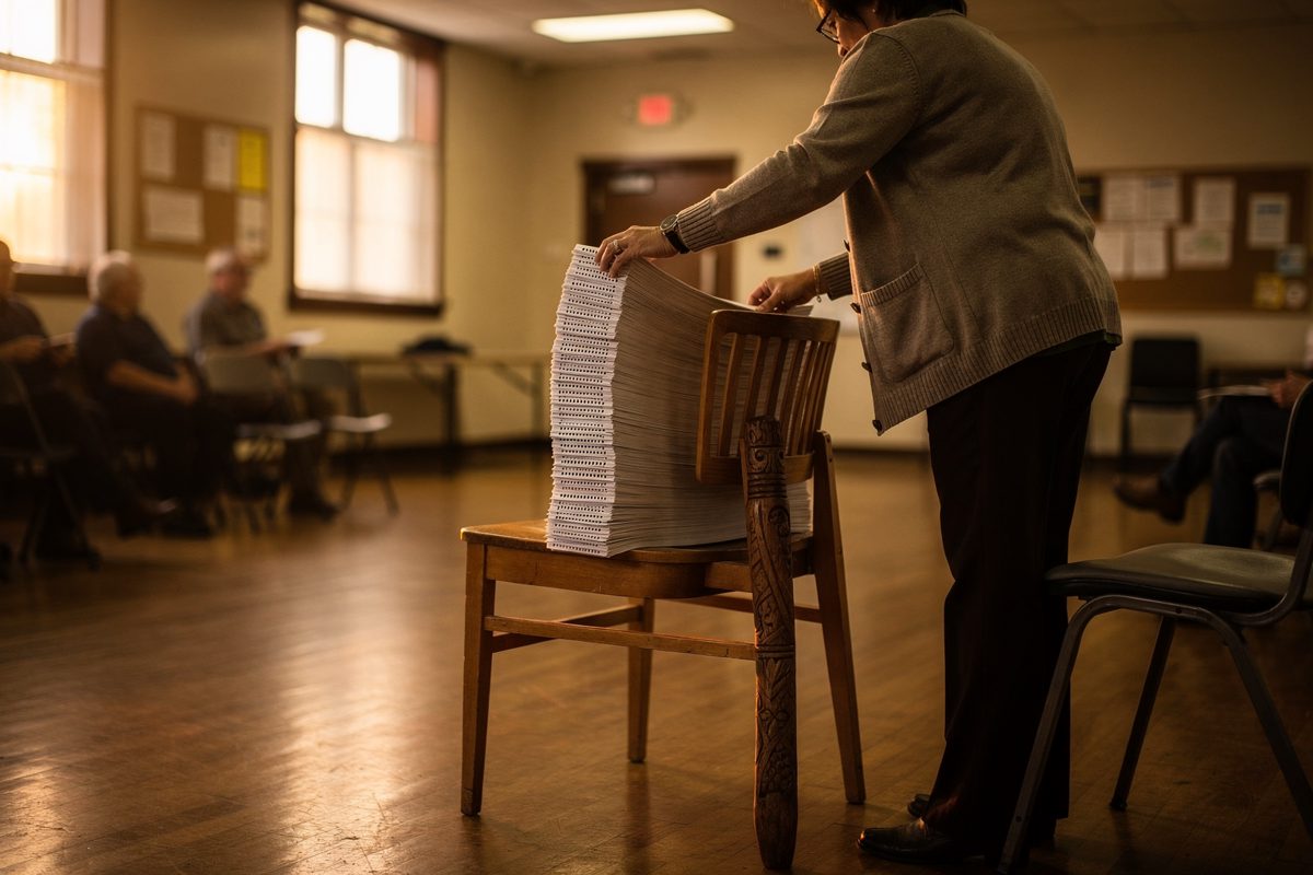 Medium shot in a wood-floored community hall at golden early evening, a facilitator seen from behind in a cardigan setting a tall fanned stack of.