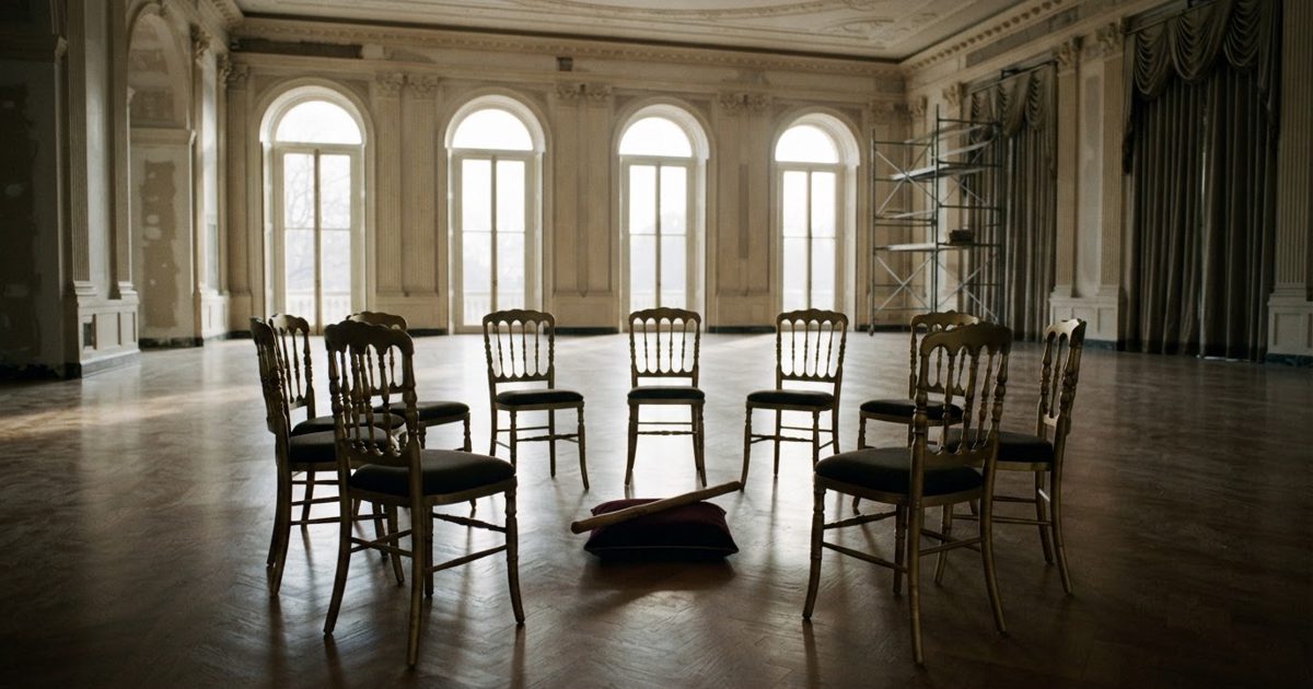 Wide documentary photo of an ornate unfinished ballroom with nine identical gilt chairs arranged in a tight empty circle on a polished floor, a single plain.
