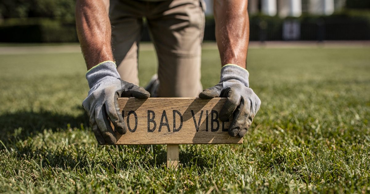 A close shot on the White House lawn in bright afternoon sun, a groundskeeper's gloved hands pushing a small wooden sign reading "NO BAD VIBES" into the.