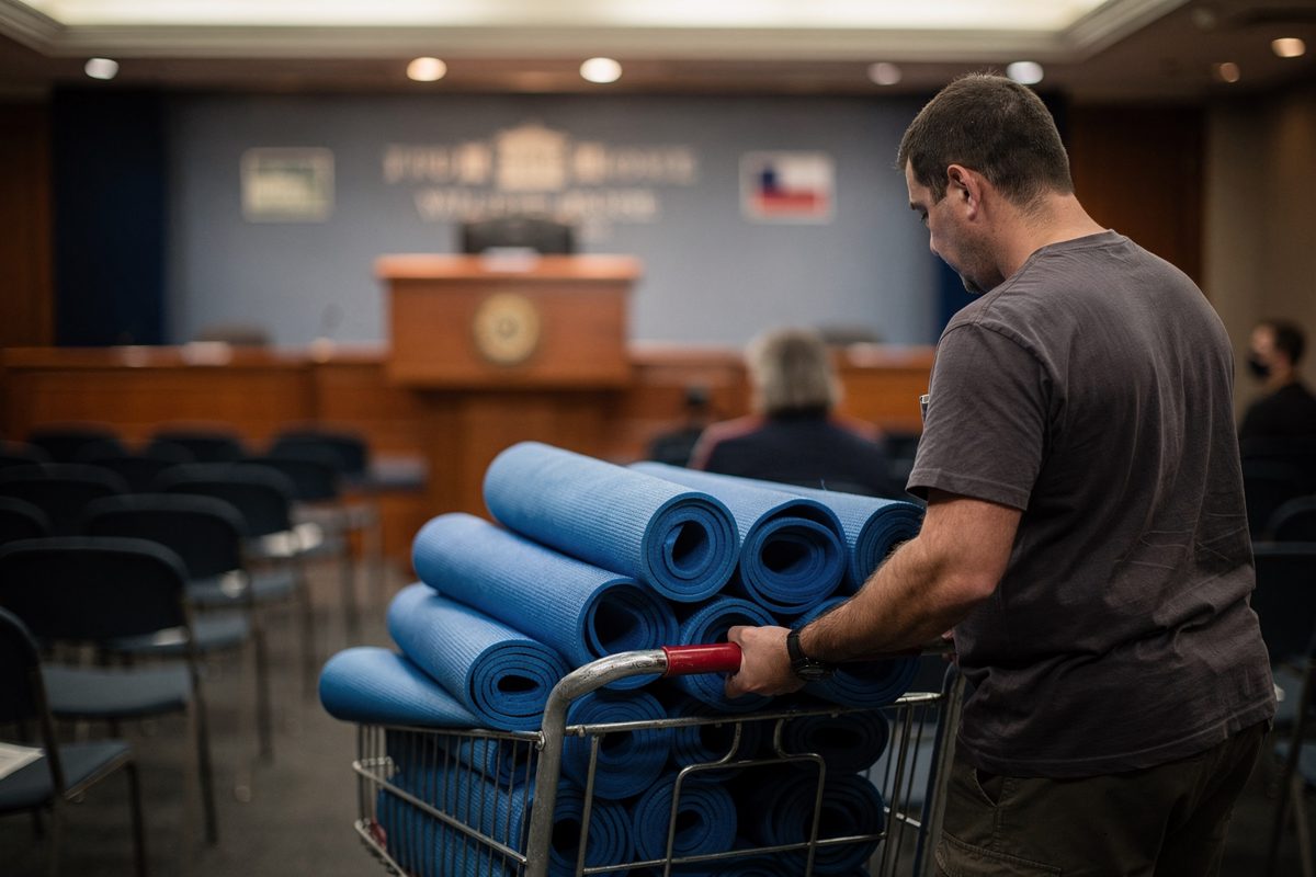Mid-shot in the White House briefing room under warm recessed lighting, a maintenance worker seen in profile stacking blue yoga mats onto a metal rolling cart.