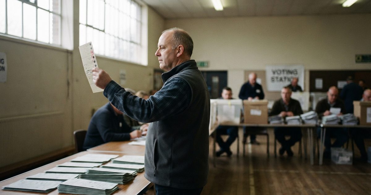 A polling station official in a school hall holds a single marked paper ballot up to the light during a count, long wooden tables covered in stacked ballot.