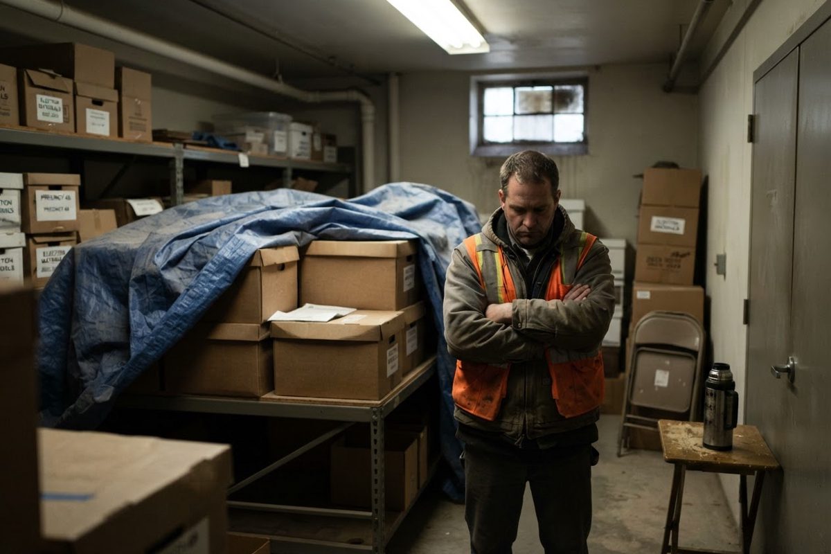 A dim county storage room with sealed cardboard ballot boxes stacked on metal shelving under a blue tarpaulin, a folding chair and a thermos beside the door, a.