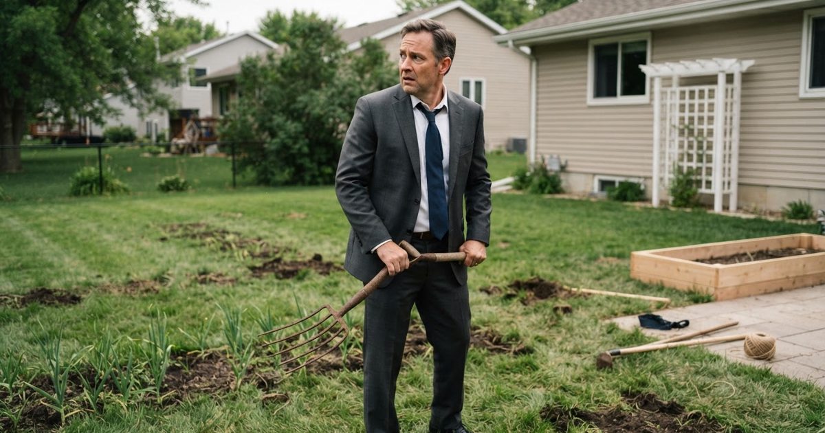 A terrified man in a crisp business suit standing in his pristine suburban backyard, awkwardly holding a rusted pitchfork while looking nervously over his.