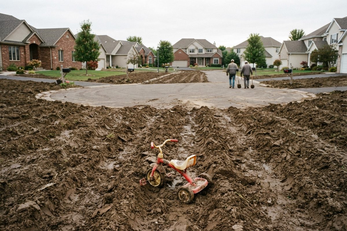 A typical American suburban cul-de-sac where the paved road and front lawns have been violently plowed into deep, muddy agricultural furrows, with a single.