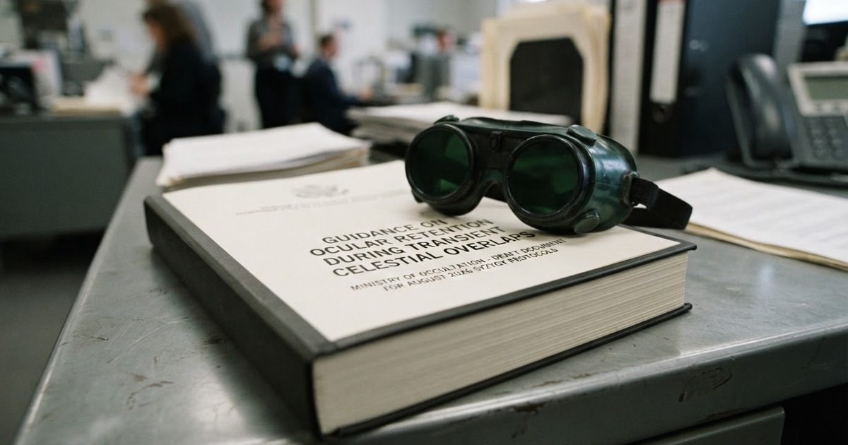 A close-up of a thick, excessively bureaucratic government pamphlet titled 'Guidance on Ocular Retention' resting on a sterile metal desk, with a pair of.
