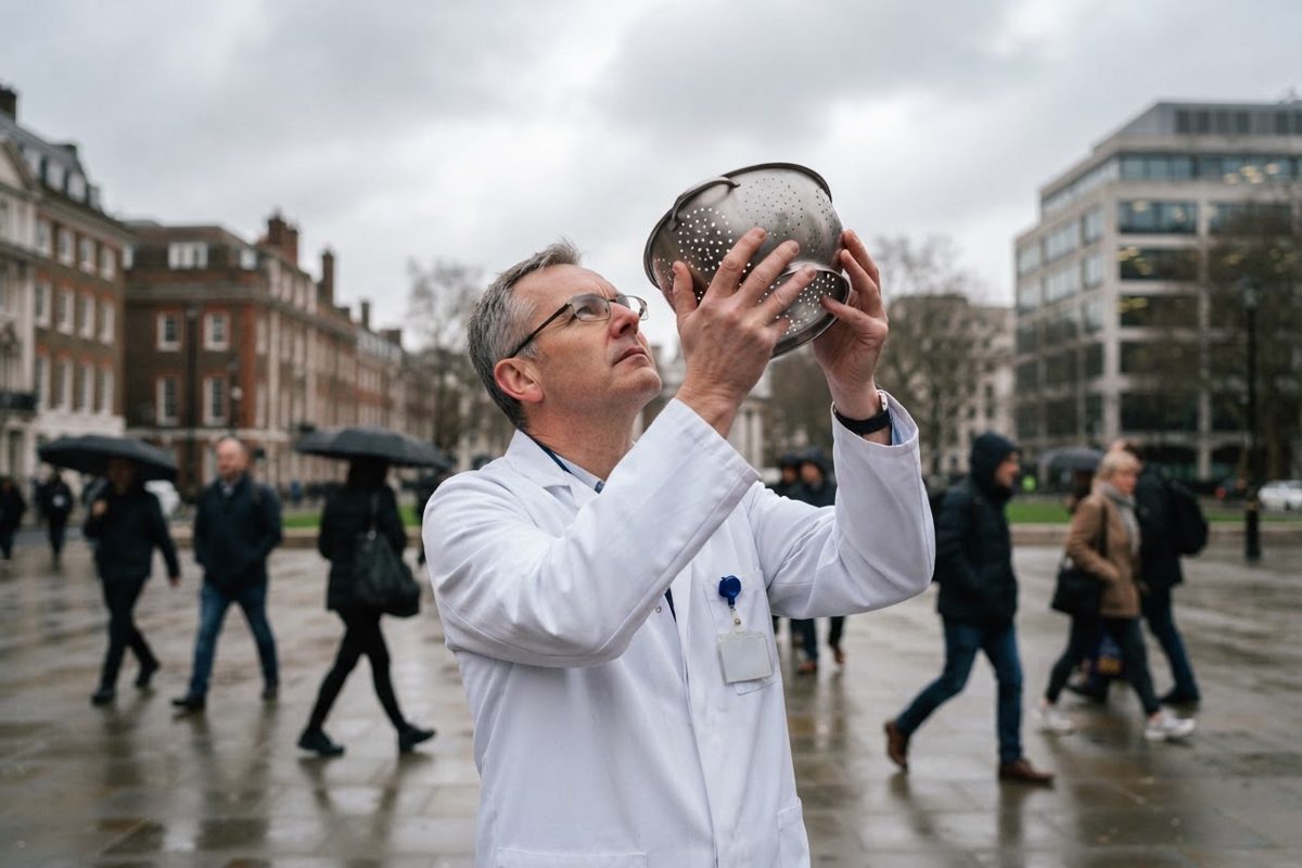 A serious-looking scientist in a pristine white lab coat standing outdoors, holding a common metal kitchen colander up to the sky with intense, dramatic.