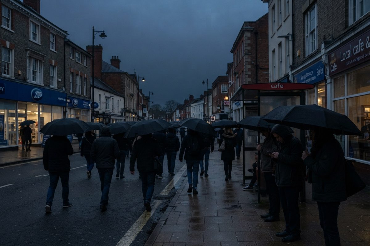A wide shot of a British street corner under unnervingly dim, eerie twilight lighting, where pedestrians are walking around holding large, completely opaque.