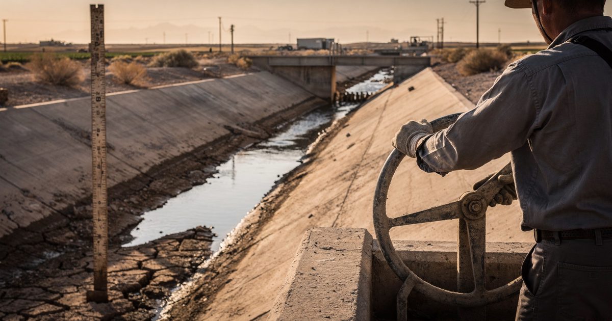 Late sun on a desert irrigation canal, a worker seen from behind with both hands on a steel wheel that is lowering a gate, a dry measuring stick standing.