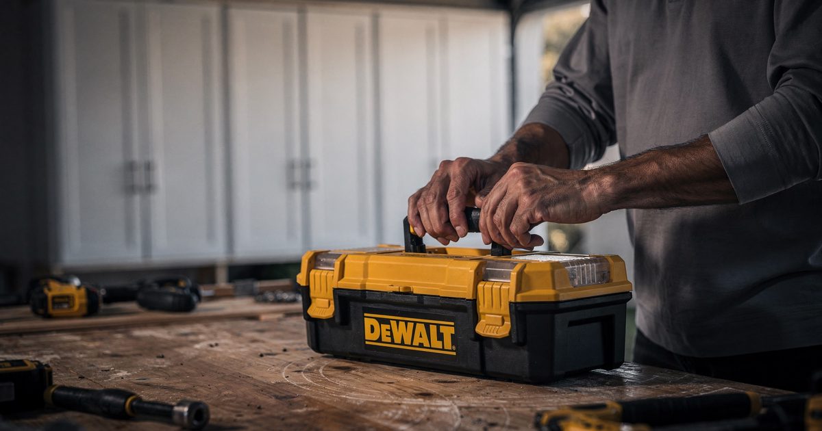Close detail in pale dawn garage light of a pair of hands cropped at the wrists snapping shut a yellow-and-black tool case reading "DEWALT" on a scuffed wooden.