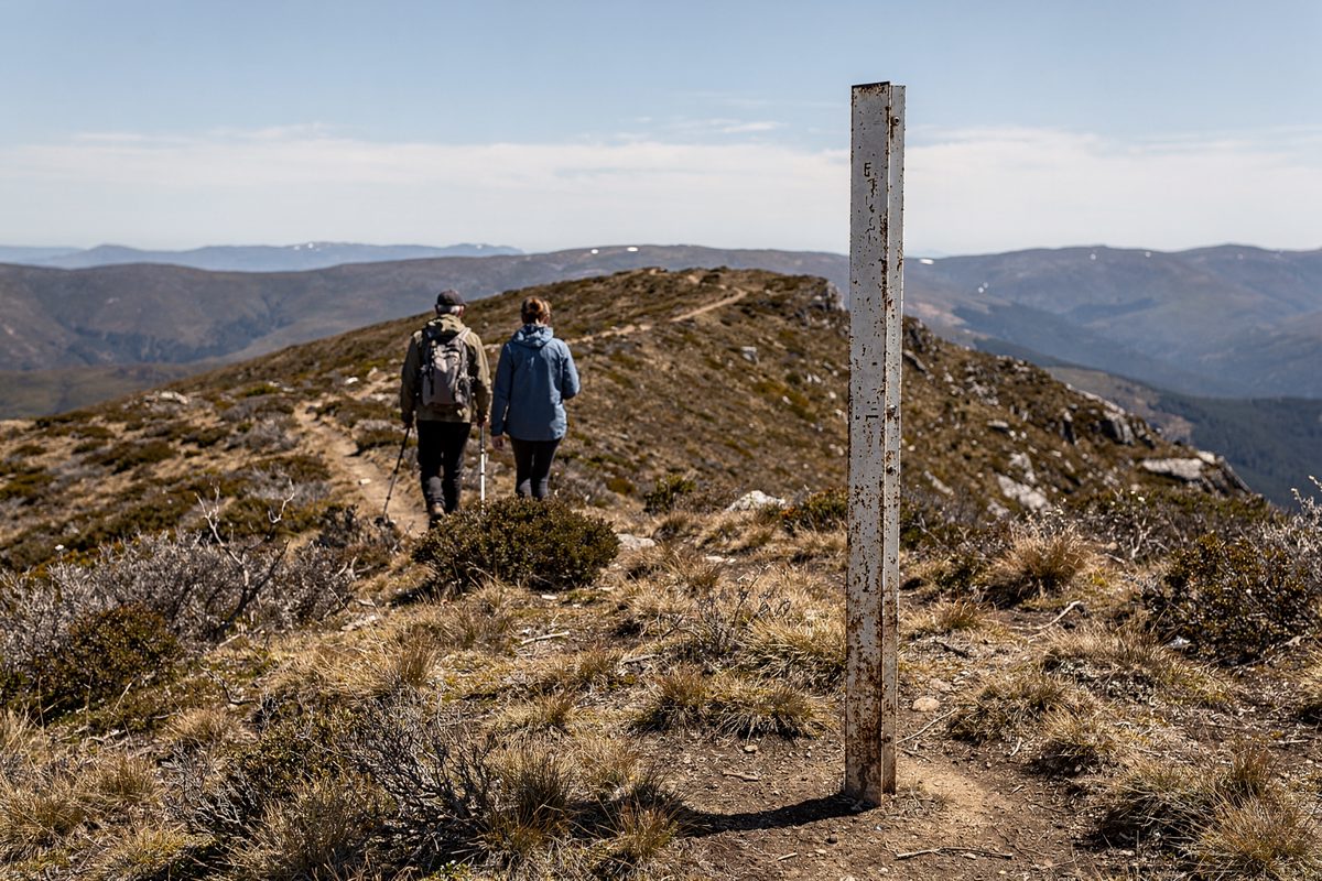 Wide shot across a bare alpine slope in Kosciuszko national park under hard midday sun, a lone metal snow depth post rising from dry brown tussock grass while.
