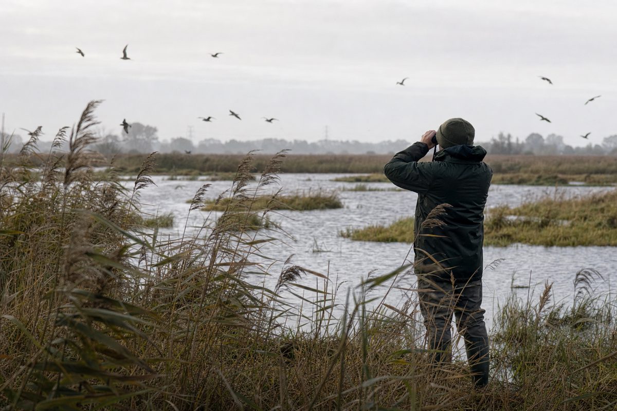 Realistic photojournalistic image of an anonymous volunteer in weatherproof clothing surveying a wetland habitat with binoculars, photographed from behind at a.