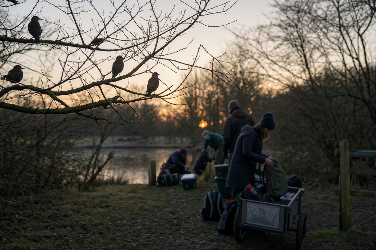Naturalistic evening news photograph of conservation equipment being packed beside a woodland reserve while birds remain perched in nearby branches, anonymous.