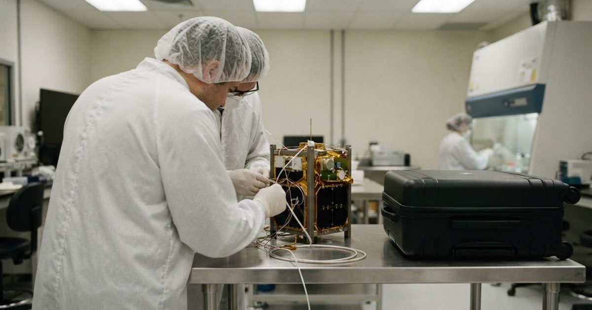 A small cube-shaped satellite on a white cleanroom table beside a closed black carry-on suitcase for scale, two technicians in white coveralls seen only from.