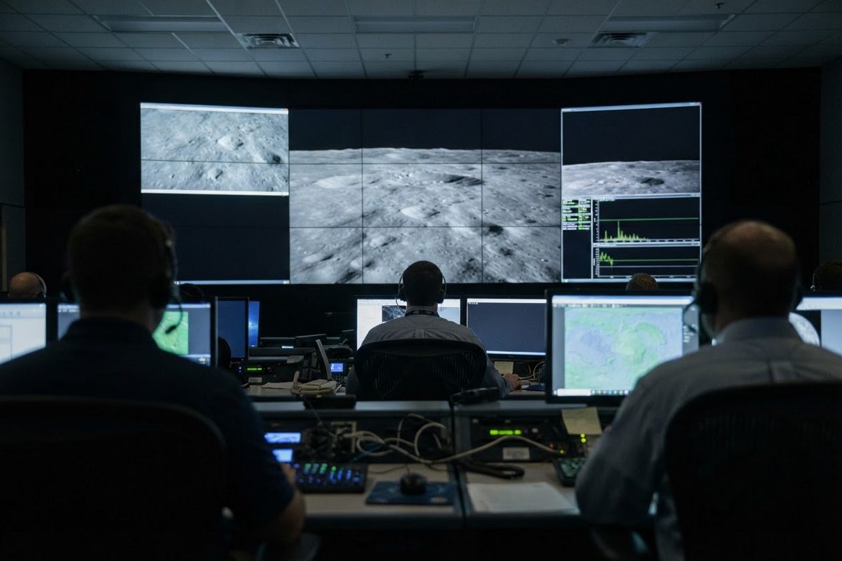A dim mission-control room photographed from the rear aisle, several operators in headsets facing a wall of monitors that show a grey cratered lunar far-side.