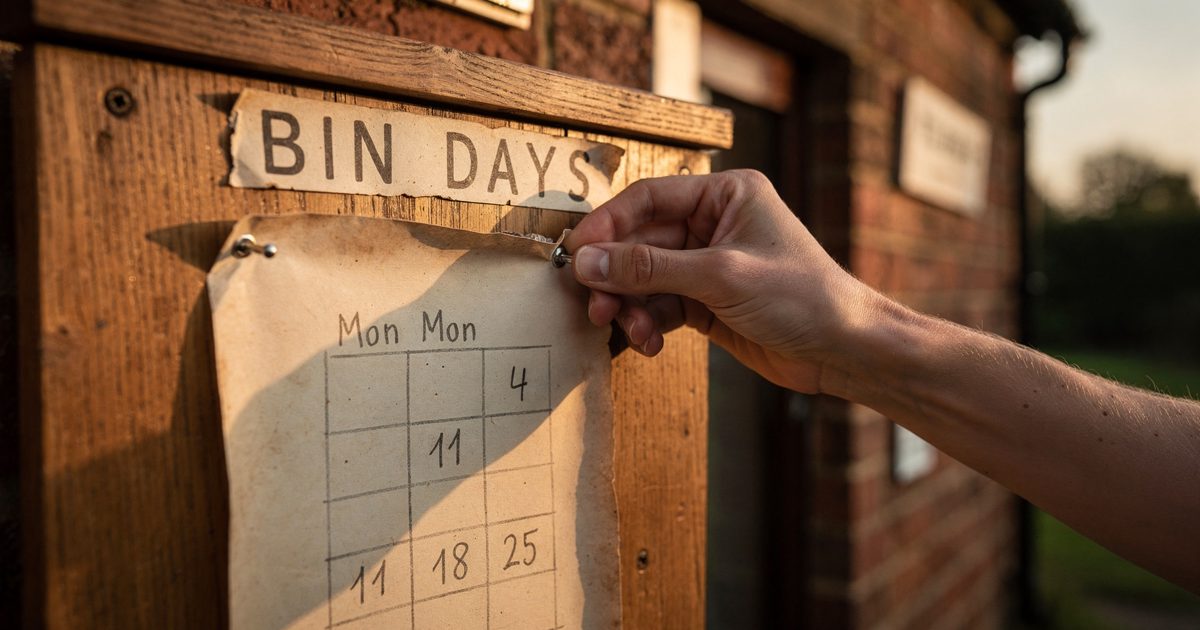 Close detail in warm low early-evening sun outside a brick village hall, a varnished oak noticeboard with a heading reading "BIN DAYS" above a hand-drawn.