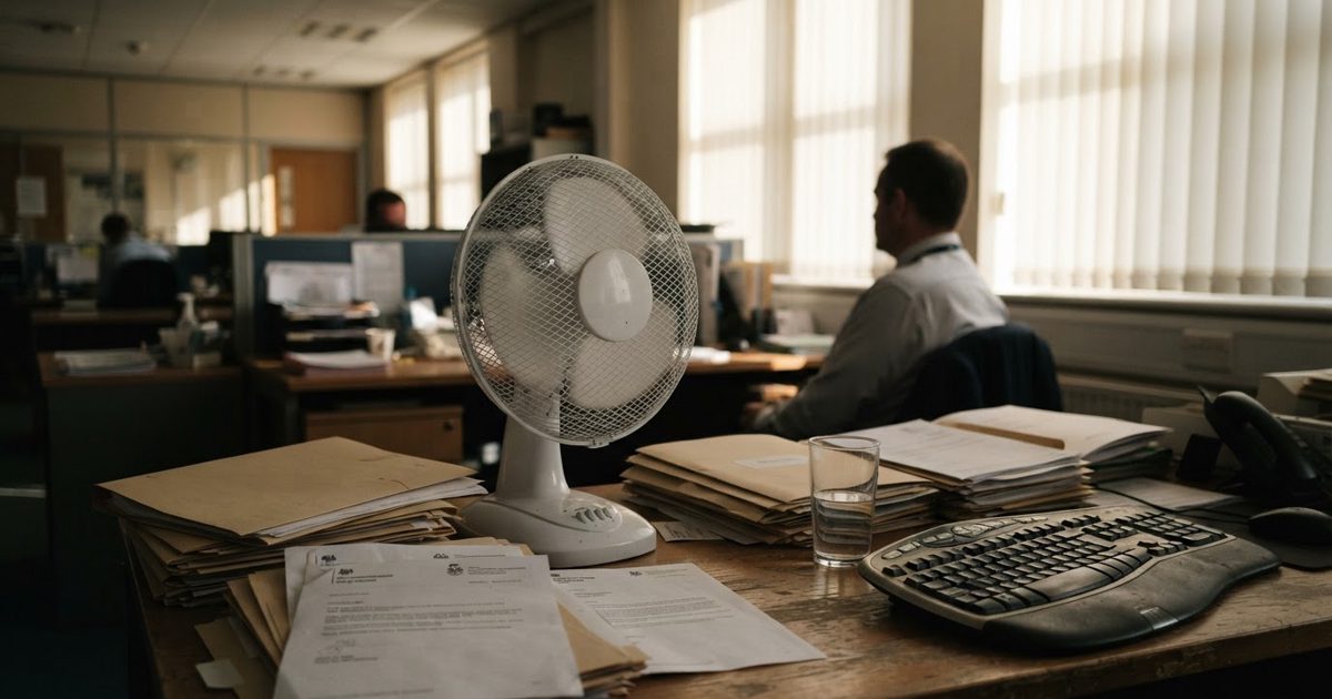A cheap white plastic oscillating desk fan on a cluttered government office desk, mid-rotation with slight motion blur on the blades, stacks of manila folders.