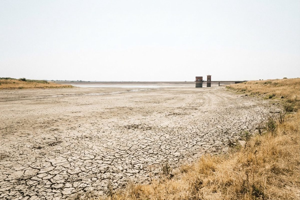 A wide shot of an empty sun-scorched British reservoir bed, cracked pale mud stretching to a low waterline, dry yellow grass on the banks, hazy white sky with.