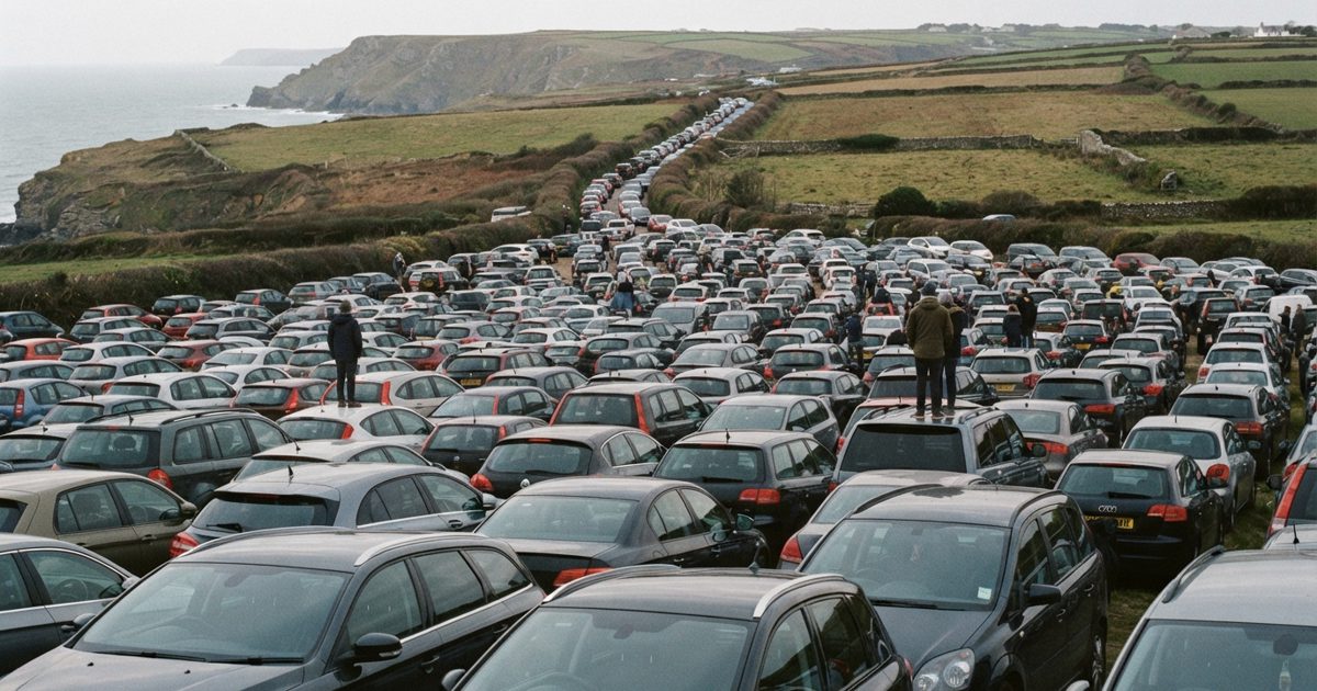 Documentary news photograph at dusk-like midday: a crowded clifftop field car park in coastal Cornwall packed edge to edge with parked cars in uneven rows.