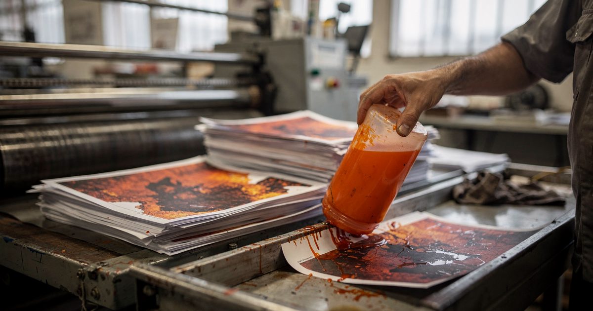 Close detail in a commercial print shop under bright high-window morning light, a worker's hand cropped at the wrist tilting an emptied orange ink cartridge.