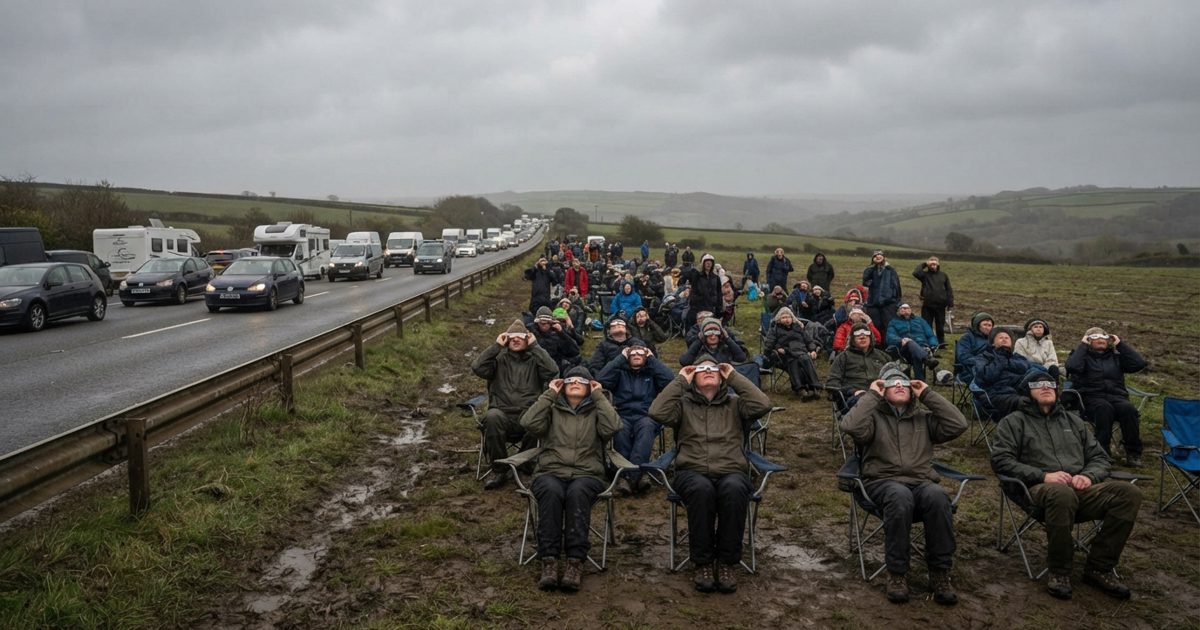 A wide, dreary shot of a completely gridlocked highway next to a muddy field, where dozens of people in waterproof jackets are sitting in folding chairs.