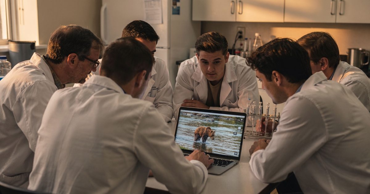 Medium shot from waist height in a university lab break room under warm slanting afternoon window light, nine people in white coats cropped at the shoulders.