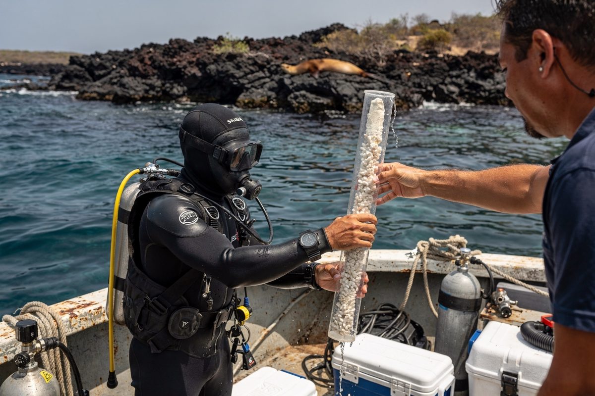 Bright equatorial midday aboard a small research skiff anchored off a Galápagos reef as a wet-suited diver at the gunwale hands up a chalk-white coral core in.