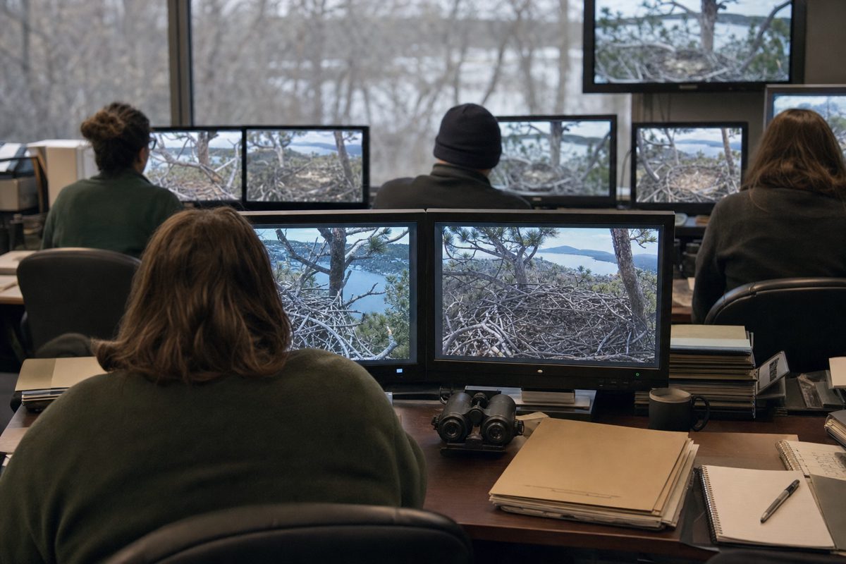 Realistic newsroom-style photograph of an anonymous wildlife monitoring office with several computer screens showing a distant empty eagle nest, folders and.