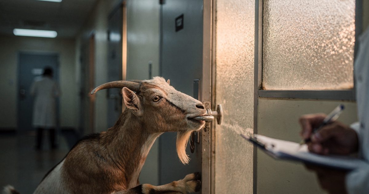 Close-up of a goat's head pushing against a simple metal door latch in a fluorescent-lit institutional corridor, hoof visible at the bottom of the frame, late.