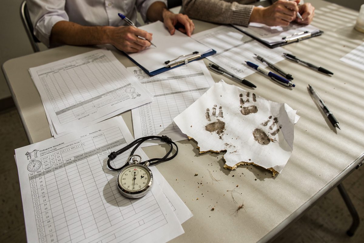 Overhead detail of a folding table covered in tally sheets, a stopwatch and a half-eaten sheet of paper with hoofprints across it, hard morning light through.
